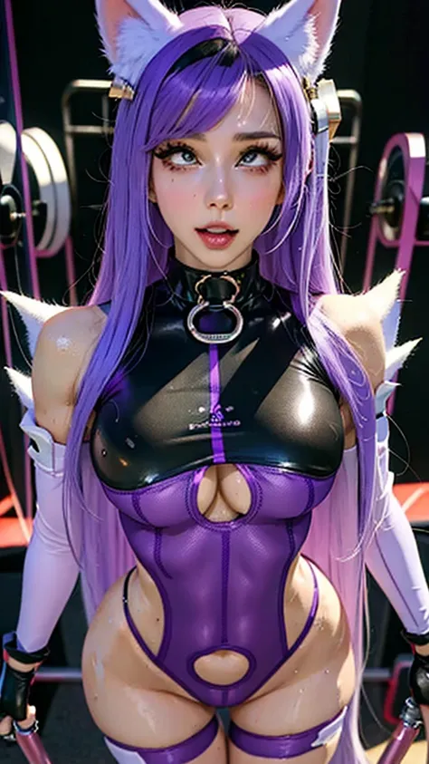 20 year old anime woman, purple hair, purple eyes, thin waist, outfit is skintight and seamless and it shows off her feminine physique. Thigh gap, perfect body, athletic physique. (4k) (High definition) (Ultra high resolution) (sweating)