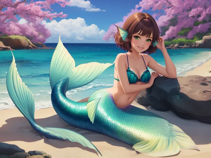 masterpiece, best quality:1.2), 1girl, smile, looking at viewer, green eyes, short brown hair, mermaid, mermaid girl, wearing purple seashell bra, laying on belly on beach, colorful mermaid tail, outdoors, head fins, fin ears