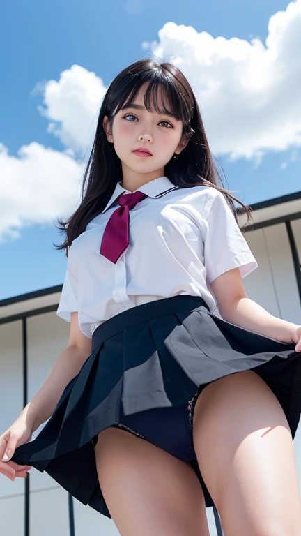 ((from below:1.2)),((High definition)),((high resolution)),((High definition)),((detailed)),((8K)),((Perfect Face)),((Perfect body)),((Realistic)),((Real)),((Realistic)),((beautiful girl)),((school uniform)),((skirt lift yourself both hands show off pantie...