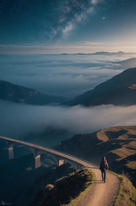 Imagine uma ponte de madeira simples e estreita que atravessa um abismo profundo. No fundo do abismo, a thick, indistinct fog can be seen. De um lado da ponte, a person is standing still, olhando fixamente para o outro lado, where there is a soft and welco...