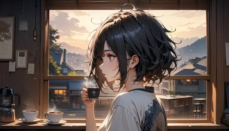 (((from behind))), ((8k of extremely detailed CG unit, Masterpiece, high resolution, highest quality, highest quality real texture skin)), (((indirect lighting))),  (((Cafe with a calm atmosphere))), (((Big window with night sky))), ((Drinking coffee)),  (...