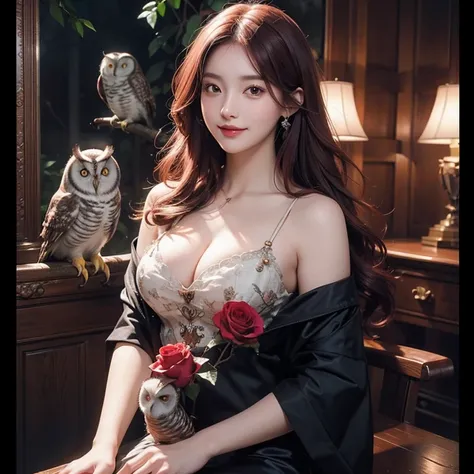 (Highest quality, masterpiece: 1,1), (busty  with owl, dark eyes, bright smile, rose hair, illustration), painting, detailed, 8K