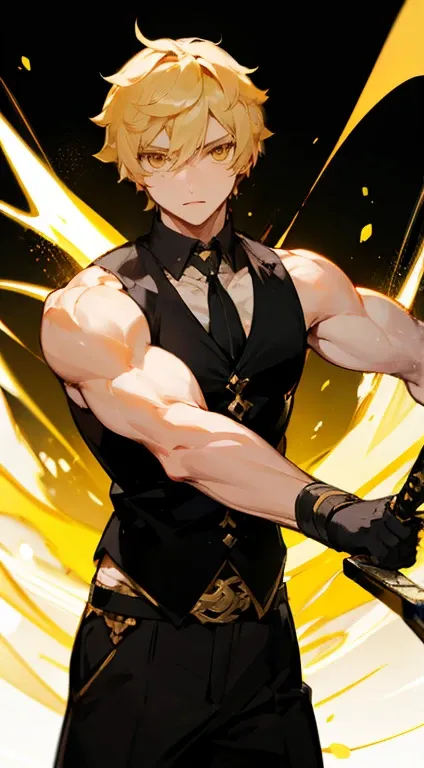 Aether from Genshin Impact. Blonde short hair. Golden Eyes. Holding a sword. 1boy. Muscular body. Black vest.