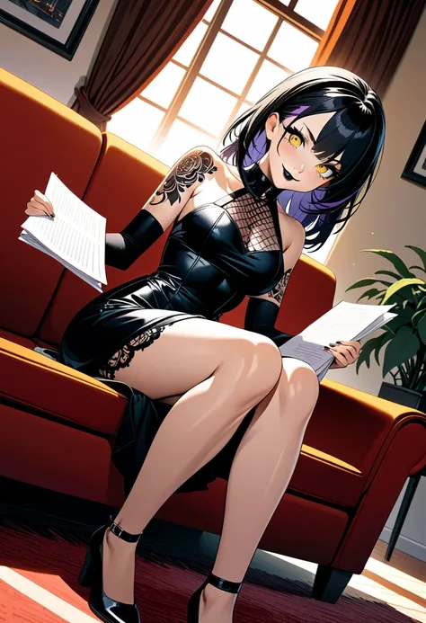 detailed illustration, dynamic angle, ultra-detailed, illustration, 1girl, short black hair with purple highlights, amber eyes, yellow eyes, tattoos, black club dress, black lipstick, goth, smirk, pleased, cunning, sitting on a blue couch, living room, mor...