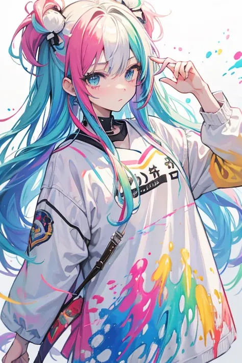 2D, high quality, masterpiece, anime girl with long rainbow-colored hair, white clothes with paint stains (colorful), holding a can of paint.