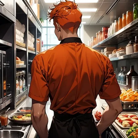 1 man, back view, orange short curly hair, black chefs outfit, shaved back of head, face obscured, I can&#39;t see your face、Black clothes、Black clothes、Black long sleeved outfit、(best quality,4k,8k,highres,masterpiece:1.2),ultra-detailed,(realistic,photor...