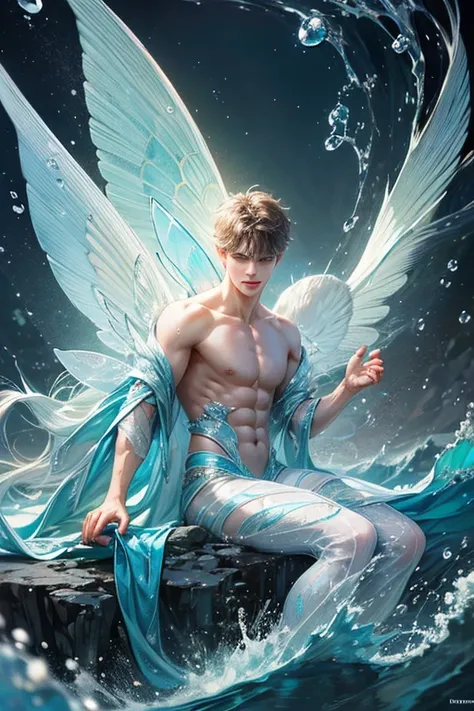 "Craft a captivating digital illustration featuring a handsome male fairy adorned with magnificent, iridescent wings reminiscent of glistening water droplets. Highlight his command over the element of water with cascading waves and gentle ripples flowing a...