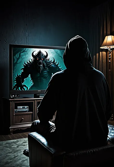 Mysterious dark back side monster watching TV background dark