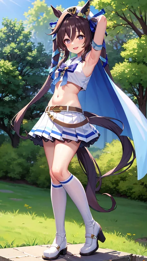 masterpiece, best quality, detailed, highly detailed, ultra detailed, vivlos (umamusume), horse tail, hat, white sailor collar, bare shoulders, blue ribbon, small cape, strap, anchor ornament, bodystocking, belt, bare knees, white pleated skirt, white boot...