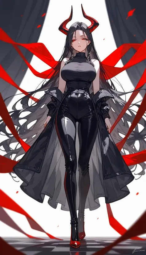 masterpiece, Score_9, Score_8_up, Score_7_up, front view, 1 woman, alone, black hair with red, long hair, parted bangs, dark red eyes, half-closed eyes, parted lips, expressionless, pale skin, large breasts, body suit, black bottom, best quality, horns up,...