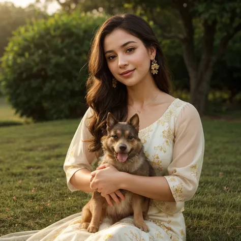 The image depicts a young woman in a charming and serene outdoor setting, cradling a small dog in her arms. The womans expression is one of genuine warmth and happiness, her bright smile and twinkling eyes conveying a sense of contentment and joy.
((big , ...