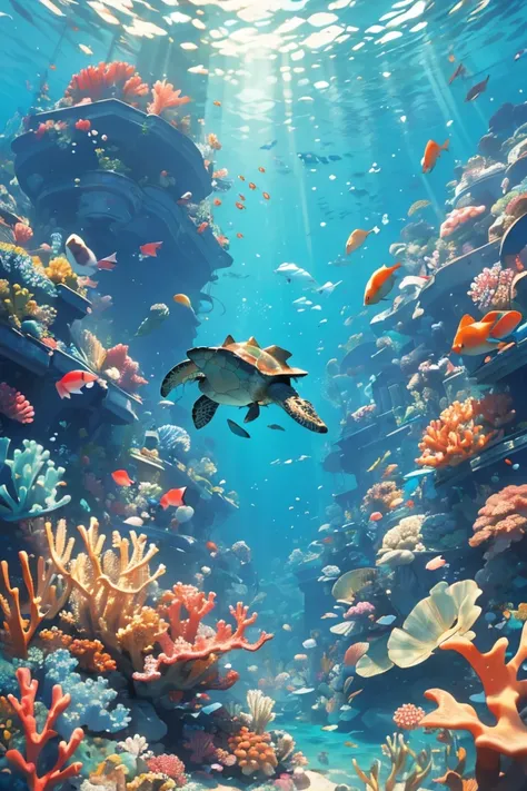 ((masterpiece, highest quality)), breathtaking underwater landscape, seen from the perspective of a diver, colorful corals and a gracefully swimming sea turtle, the water shimmering with light, creating a calming and beautiful environment.

