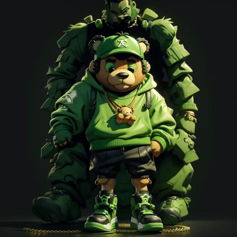 1teddy bear, Black and green outfit, energy monster, wearing braces, street standing, wearing gold chain necklace, air jordan shoes.