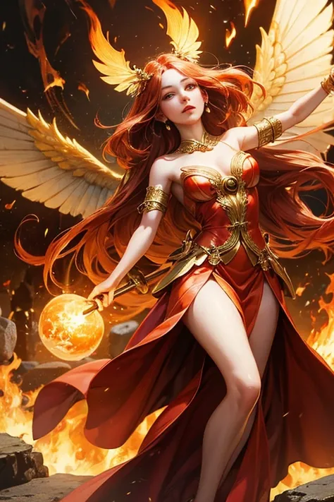 "Design an enchanting digital portrayal of a radiant female fairy, adorned with resplendent, fiery wings ablaze with the intensity of flames. Illuminate her surroundings with flickering firelight and dancing embers, reflecting her affinity for the element ...