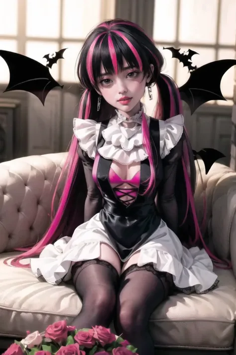 1 girl, a girl with bat wings, succubus, bat choker, necklace, centered, bat jewelry, seat on sofa, medieval castle scenery, Pink bat Jewelry, smile, vampire fangs, (looking at viewer), Draculaura_MH, wavy hair, Alone, half black hair, half pink hair, mult...