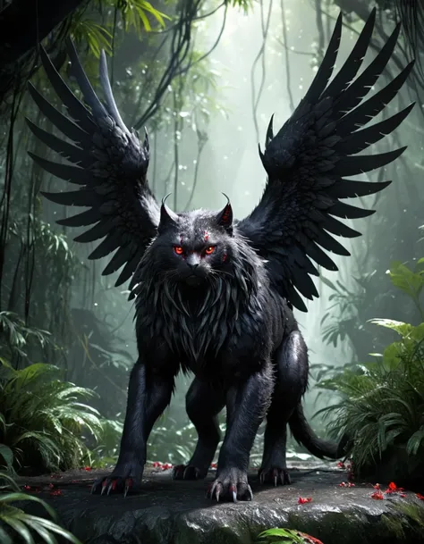 beast of prey,The body length is about 3 meters、Weight: about 200 kilograms。The exterior is covered in black fur.、Having red eyes,Superb masterpiece, Dynamic and realistic digital art, Great quality,Deep Jungle,Whispering Mine,Fibrous texture connected sub...