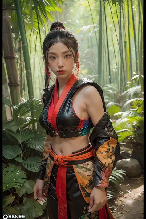 bamboo forest background，A look of determination，colorful vivid octane render, cybernetic and highly detailed, loba andrade from apex legends, created in unreal engine 5, made in unreal engine 5, trending on unreal engine 5, Antique portraits, Martial arts...