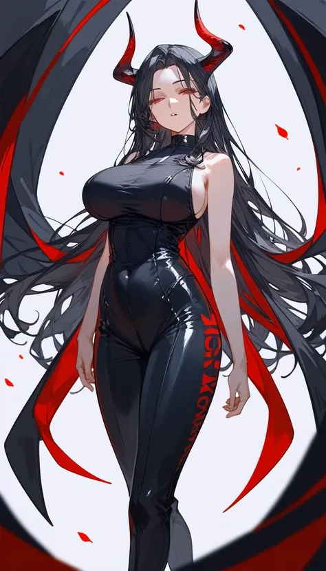 masterpiece, Score_9, Score_8_up, Score_7_up, front view, 1 woman, alone, black hair with red, long hair, parted bangs, dark red eyes, half-closed eyes, parted lips, expressionless, pale skin, large breasts, body suit, black bottom, best quality, horns up,...