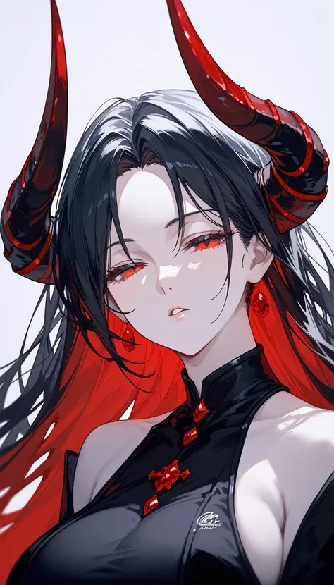 masterpiece, Score_9, Score_8_up, Score_7_up, front view, 1 woman, alone, black hair with red, long hair, parted bangs, dark red eyes, half-closed eyes, parted lips, expressionless, pale skin, large breasts, body suit, black bottom, best quality, horns up,...