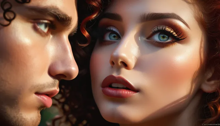 beautiful detailed eyes, beautiful detailed lips, extremely detailed eyes and face, long eyelashes, 1 girl, 1 boy, redhead girl, black curly hair boy, gazing into each others eyes, intimate moment, dramatic lighting, cinematic, warm color palette, dramatic...