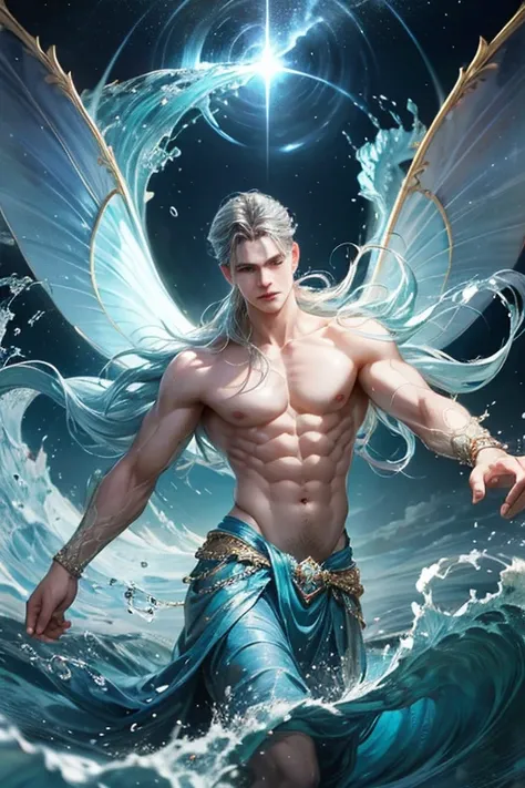 "Produce a striking digital depiction of a captivating male fairy, exuding strength and grace, adorned with expansive, ethereal wings reminiscent of undulating waves. Showcase his connection to the element of water with fluid currents and cascading droplet...