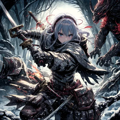 anime, Woman with sword and demon in snowy forest, badass anime 8 k, anime epic artwork, anime art wallpaper 4k, anime art wallpaper 4 k, anime fantasy artwork, anime art wallpaper 8 k, 4K Manga Wallpapers, anime fantasy illustration, anime wallpaper 4k, a...