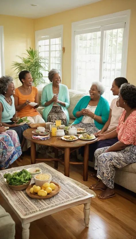 Visualize a snapshot that embodies community and togetherness: individuals in comfortable attire—bermudas, skirts, and trousers—gathered in a cozy living room. Amidst shared moments of meal-sharing or prayer, their expressions convey deep connection and wa...