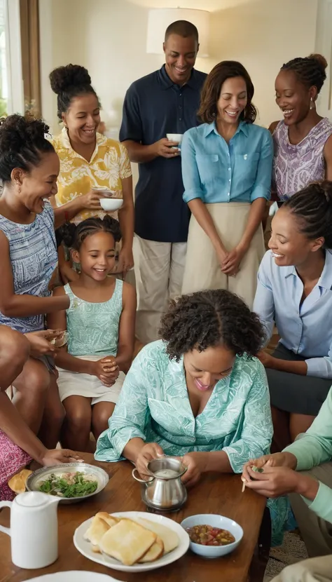 Visualize a snapshot that embodies community and togetherness: individuals in comfortable attire—bermudas, skirts, and trousers—gathered in a cozy living room. Amidst shared moments of meal-sharing or prayer, their expressions convey deep connection and wa...