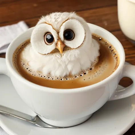 White owlet sits in a cup of hot coffee and enjoys 