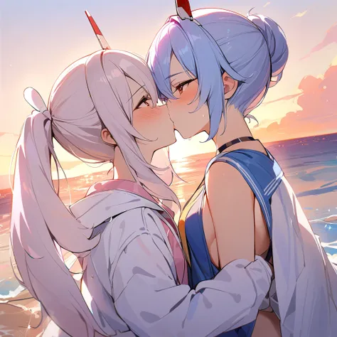 (masterpiece, best quality:1.4),2girls, yuri, laffey /(Azur Lane/), break, ayanami /(Azur Lane/), kiss, sea, sunset,