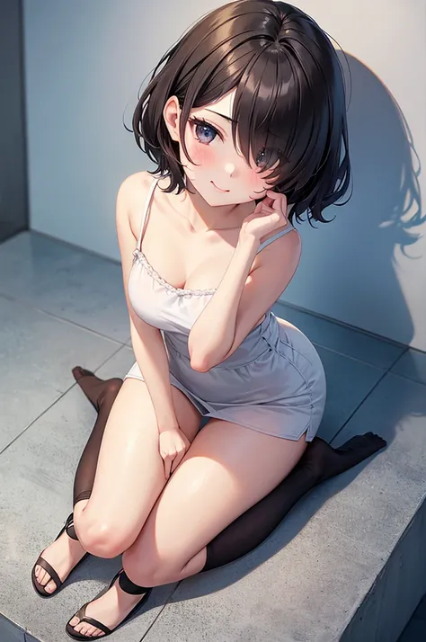 from above,full body shot,Pouty Mouth,Setting diagram,hair over one eye,short wave hair,(Highest quality, masterpiece), One girl ,View your viewers, smile,  blush