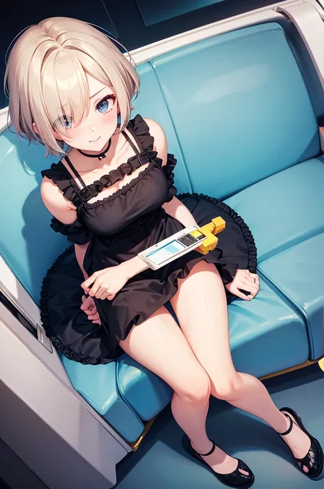 from above,full body shot,Pouty Mouth,Setting diagram,hair over one eye,short wave hair,(Highest quality, masterpiece), One girl ,View your viewers, smile,  blush