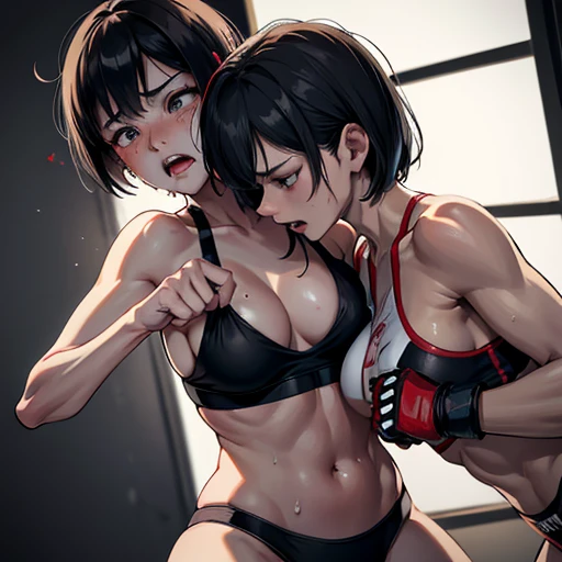 Covered in blood. Slender body. Small breasts. Intense violence. Her opponents fists are digging into her body. They glare at each other. Her face distorted by the opponents punch. Dynamic action. She is in pain. her bod is slammed to the floor and beaten ...