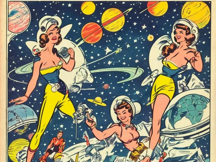 1950s retro comic, space girl with a close-fitting astronaut suit, large breasts, camel toe, background: planets, nebula, stars,...