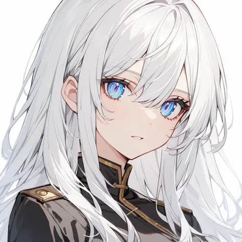 white hair, blue eyes, beautiful female, black uniform