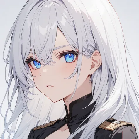 white hair, blue eyes, beautiful female, black uniform