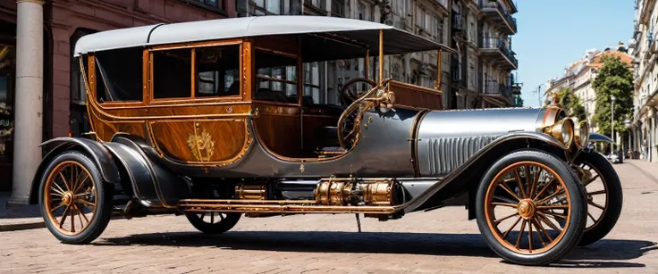 Um carro de corrida steampunk vintage, with details in metallic gray and polished wood, ostenta um spoiler imponente e rodas adornadas com engrenagens. The vehicle is parked in a prominent position, ocupando o centro da cena.