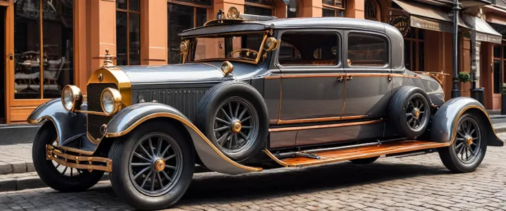 Um carro de corrida steampunk vintage, with details in metallic gray and polished wood, ostenta um spoiler imponente e rodas adornadas com engrenagens. The vehicle is parked in a prominent position, ocupando o centro da cena.