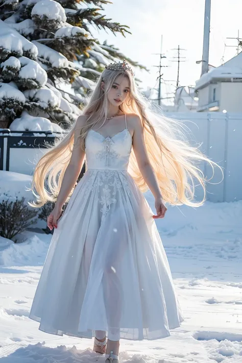 anime girl with long white hair and a blue dress in the snow, white haired deity, white hair floating in air, anime fantasy illu...