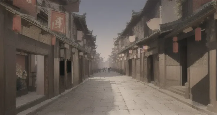 There is a painting，The picture shows a street with many buildings, The ancient city streets behind her, Chinese streets, Dreamy Chinatown, Beautiful rendering of the Ming Dynasty, China Town, Traditional Chinese Concept Art, old asian village, Ancient cit...