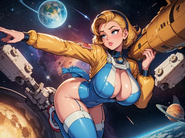 1950s retro comic, space girl with a close-fitting astronaut suit, large breasts, camel toe, background: planets, nebula, stars, spaceships