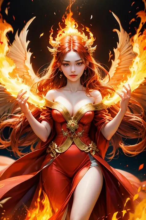 "Craft a mesmerizing digital artwork portraying an exquisite female fairy adorned with magnificent, blazing wings that flicker with the intensity of flames. Illuminate her surroundings with fiery hues and swirling infernos, illustrating her affinity for th...