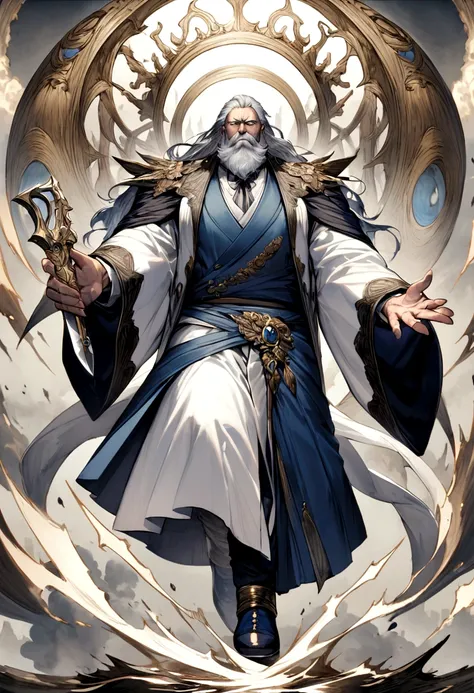 doctor　male　elder　Fantasy　White　Navy blue clothes　Scalpel-like sword　Slanted Eyes　Best　Character portrait　whole body　Beard