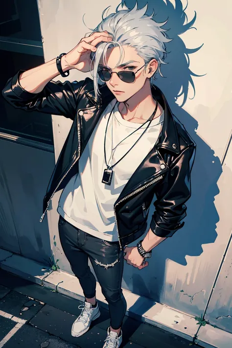 (1 boy), (silver hair), (beautiful almond-shaped gray eyes), cool, nine head proportions, standing, fitted white crew-neck t-shirt, (black leather biker jacket), blue skinny jeans, black high-top sneakers, a black beanie, silver aviator sunglasses, a leath...