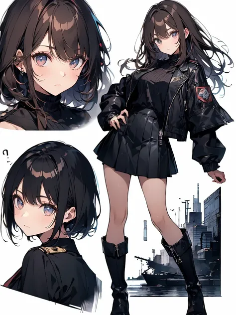 Brown Hair、night、Remains、art、,Black mini skirt,vision,Small face　bangs ,beauty,vision 、Black boots 、One person 、Black jacket、pistol