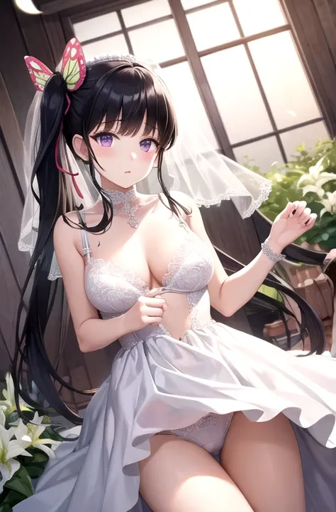 bride, bra, underwear, veil(masterpiece, best quality, detailed), 1 Girl, Solitary, Looking at the audience, Kana Odf, Purple Eyes, Black Hair, Long hair, blunt Bangs, Bangs, Hair accessories, Vulnerabilities, Butterfly, Side Ponytail, Butterfly Hair acces...