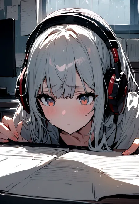 ((Highest quality)), ((masterpiece)), (detailed)
, in the rain、Studying in a room while listening to music on headphones, Beautiful and emotional girl, Computer on the desk, Focus on the screen