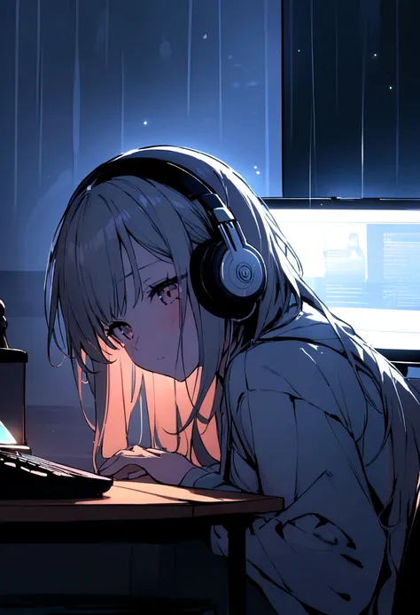 ((Highest quality)), ((masterpiece)), (detailed)
, in the rain、Studying in a room while listening to music on headphones, Beautiful and emotional girl, Computer on the desk, Focus on the screen