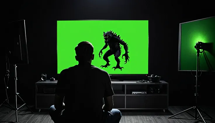 DangerousMysterious dark back side monster watching green screen in TV background dark 