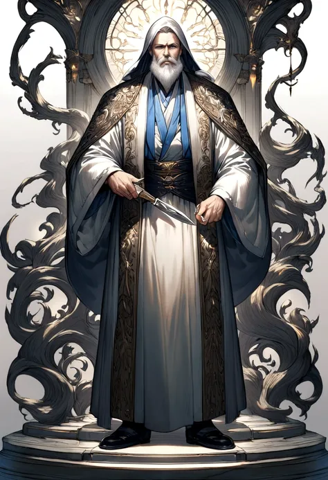 doctor　male　Beard　elder　Fantasy　White　Navy blue clothes　Scalpel-like sword　Slanted Eyes　Best　Character portrait　whole body